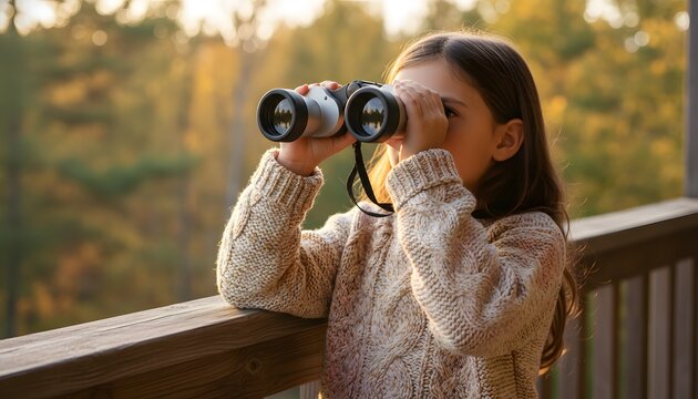 Curious young girl watching birds through binoculars from a wooden deck balcony for outdoor nature discovery concept during golden hour autumn sunset