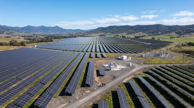 Rows of solar panels in large scale renewable energy farm under clear sky with renewable, technology