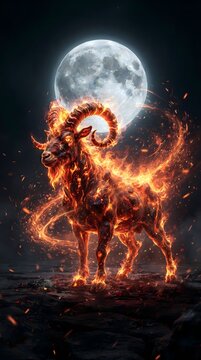 powerful fire goat standing against a dramatic moon backdrop with glowing sparks flying through the air