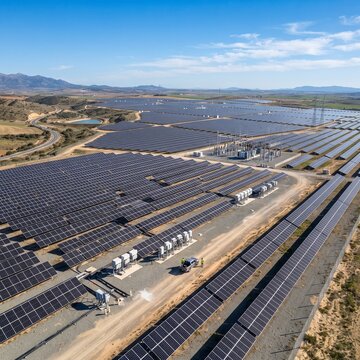 Rows of solar panels in large scale renewable energy farm under clear sky with renewable, technology
