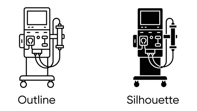 Medical Dialysis Machine Icons: A set of icons depicting a dialysis machine, presented in both outline and silhouette styles, symbolizing medical technology and healthcare solutions.