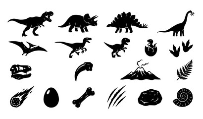 Cute Prehistoric Dinosaur Silhouette Vector Collection with Fossils Eggs Footprints and Volcano Icons © Abdul
