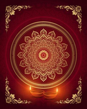 Elegant diwali greeting card design with glowing golden mandala pattern and traditional oil lamps on deep red background
