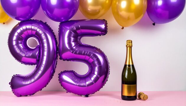 Number 95 Balloon with Champagne Bottle. Purple and Gold Theme for Birthday or Anniversary Celebration