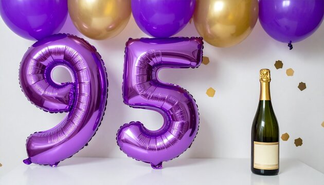 Number 95 Balloon with Champagne Bottle. Purple and Gold Theme for Birthday or Anniversary Celebration
