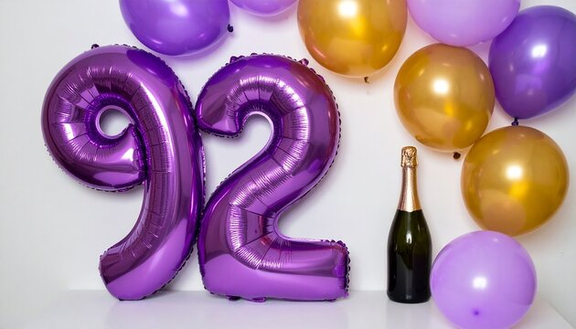 Number 92 Balloon with Champagne Bottle. Purple and Gold Theme for Birthday or Anniversary Celebration