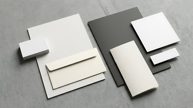 Blank stationery set with business cards and envelopes on a grey concrete background for corporate brand identity design