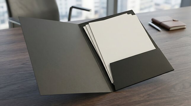 Open black presentation folder with white papers lying on a wooden office desk in a professional corporate workplace