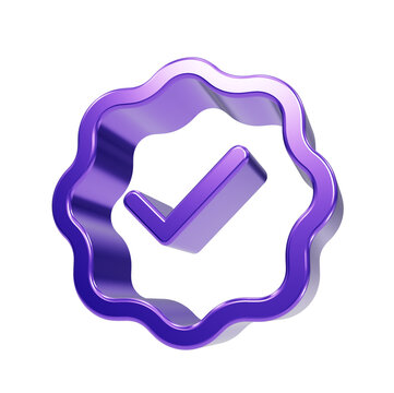 Checkmark icon rendered in a glossy purple finish represents a successful completion of a digital task or validation of a form entry for various user interface design projects across the web.