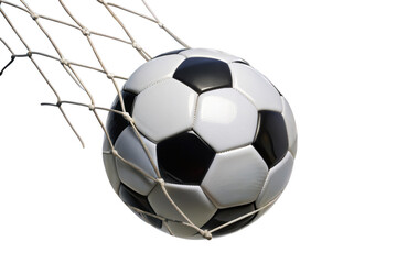 Fototapeta premium Soccer ball in goal net isolated on white background p n g a i generated sports equipment