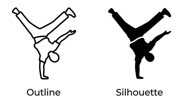 Breakdancing Pose Outline and Silhouette: A dynamic representation of breakdancing, showcasing a figure in a challenging acrobatic pose, depicted in both outline and solid silhouette styles.