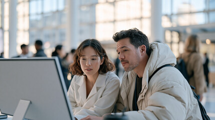 Obraz premium Oncology research couple reviews cell culture data on a shared monitor in a busy hospital atrium lobby, urban street visible through floor-to-ceiling glass, the city humming