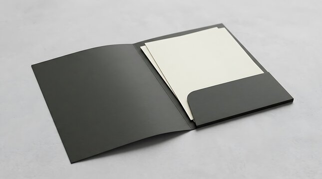 Open black paper presentation folder with a white blank document sheet inside for corporate branding and design mockup