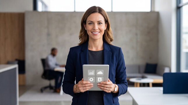 Businesswoman holding tablet with app icons, modern office setting, bright natural light, confident smile, technology, corporate environment, digital tools, remote work, productivity.