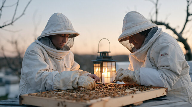 Beekeeper and her elderly grandmother checking winter hive frames by candlelit lantern in a bare orchard at dusk, insulated suits fogging slightly in the cold air, the