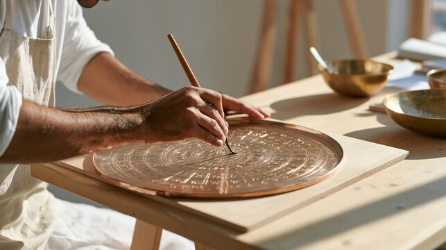 A finely etched copper plate with mandala like geometry rests in a minimalist studio, a steady hand holding a burin mid stroke, the symbolic still life evoking a Hindu temple