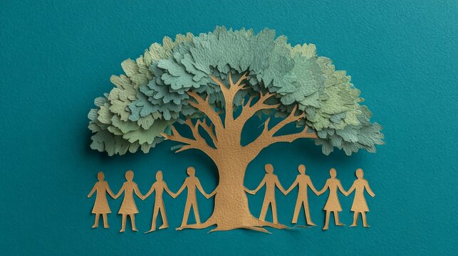 Diverse community holding hands beneath a vibrant, flourishing tree symbolizing growth, unity, and interconnectedness in a supportive environment