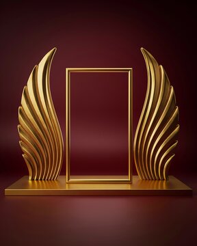 Elegant gold frame with decorative metallic wings on a dark maroon background for luxury product presentation