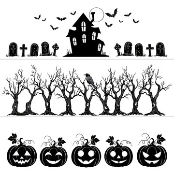 Spooky halloween scene with haunted house bare trees pumpkins bats and a crow