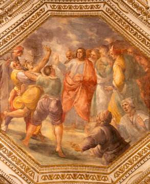 Salerno - The ceiling fresco of Healing of obsessive in the crypt of Cathedral of St. Matthew by Belisario Corenzio (1558&ndash;1646)