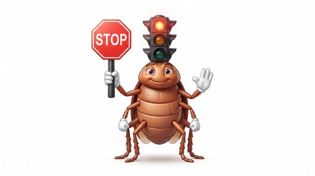 Cockroach character holding stop sign with traffic light head
