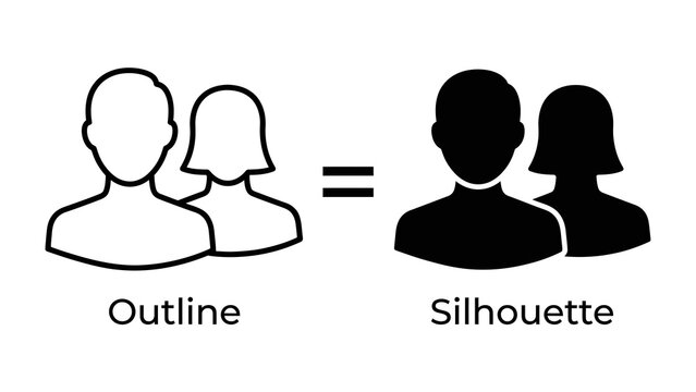 Outline versus Silhouette: A visual representation comparing the outline style of two human figures with their solid silhouette counterparts, illustrating the difference in graphic representation.