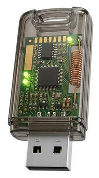 Hardware security key with transparent casing, USB authentication token with green LED lights, secure cryptographic dongle for data protection