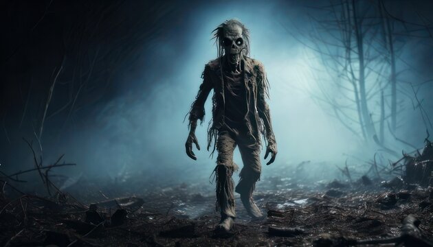 Terrifying creature emerging from the darkness in a spooky forest.