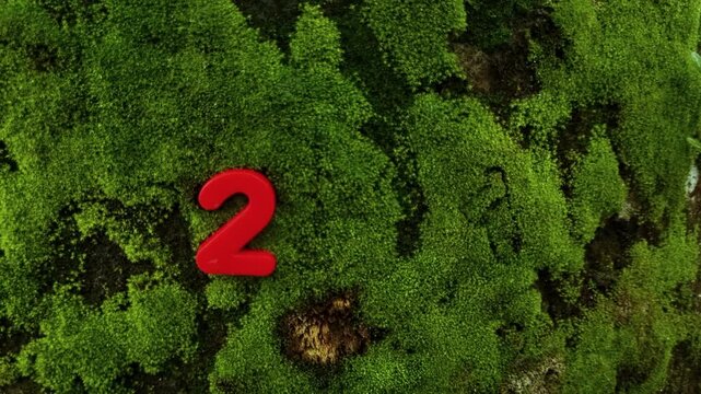 Red number two attached to green mossy tree trunk bark in forest environment moss nature textured