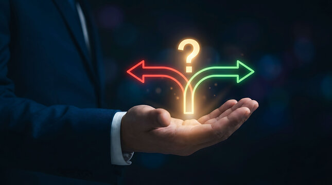 Businessman holding glowing question mark and split arrows decision making icon