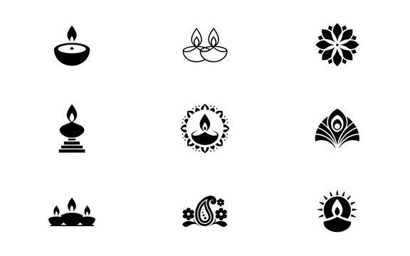 Collection of traditional indian diwali lamp and decorative floral design elements