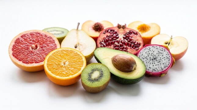 Assorted Sliced Fruits Arrangement With Avocado, Pomegranate, Grapefruit, Orange, Kiwi And Dragon Fruit