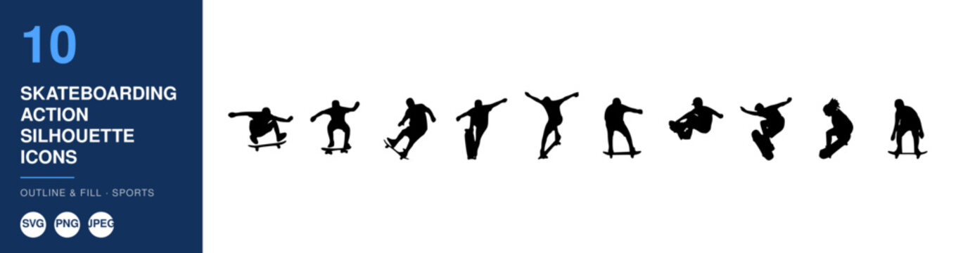 Skateboarding Action Silhouette Icons Set with Dynamic Poses and Tricks for Sports Design Featuring Skateboard, Vector