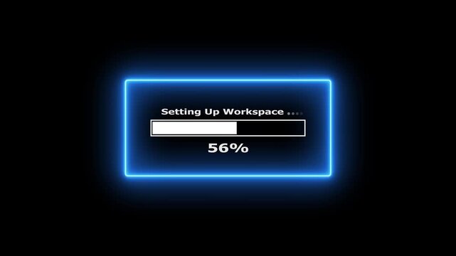 Setting up workspace loading bar with neon blue frame on black background motion graphic.