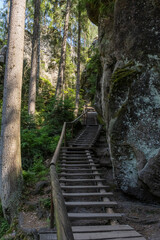 Obraz premium the breathtaking Adersbach Rock Gorge called Adršpašsko-Teplické skály in czech republic in summer. High, steep cliffs and narrow hiking trails with stunning plays of light amidst unspoiled nature.