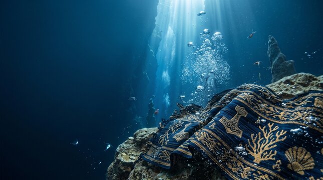 Surreal blue fabric with gold viking hammer patterns draped over rocks deep underwater
