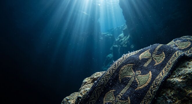 Surreal dark fabric with gold battle axe patterns resting on a rock deep underwater