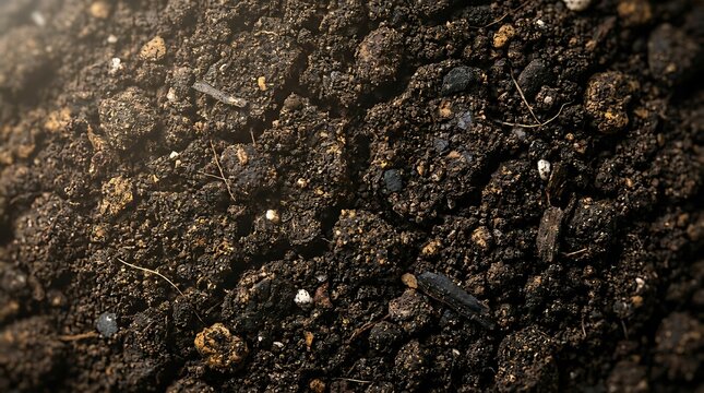 Textured dark garden soil surface with natural mulch and small rocks agriculture cultivation