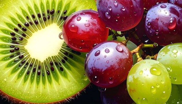 Fresh kiwi fruit slice and juicy colorful grapes covered with water drops