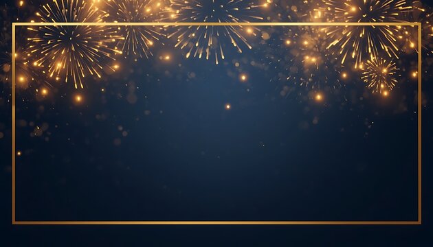 Festive dark blue background with golden fireworks and frame.