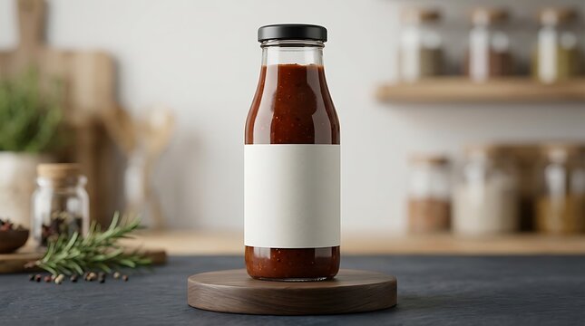 A glass bottle of barbecue sauce with a blank label standing on a wooden board in a cozy kitchen with rustic decor