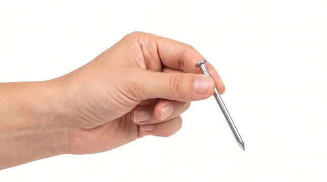 Hand holding a steel nail isolated on a white background representing construction work, hardware, and DIY home improvement projects by a person.