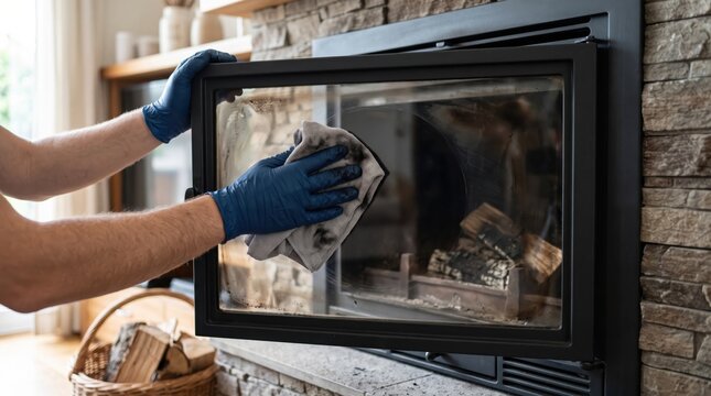 Person wearing blue gloves cleaning soot off a modern glass fireplace door in a residential living room to maintain home cleanliness and maintenance