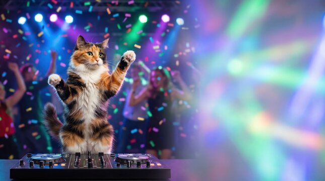 A cute cat DJ playing music at a colorful night club party with dancing people and confetti