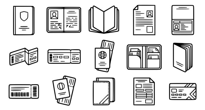 Travel Documents and Identity Verification Vector Icon Set with Passports, Flight Tickets, Boarding Passes, Wallets, and Credit Cards for Tourism Agencies and Flight Booking Apps