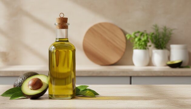 Pure avocado oil in a glass bottle with whole and halved avocado on a natural kitchen countertop. Healthy edible oil rich in unsaturated fats with copy space