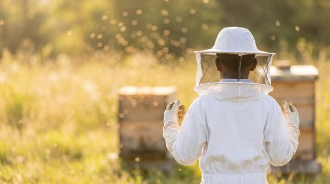 Young boy beekeeper in protective suit tending beehives in a sunny meadow representing beekeeping, agriculture, and nature conservation