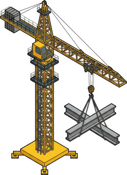 Yellow and gray industrial tower crane lifting steel beam construction with lattice boom and outrigger base isolated on transparent background