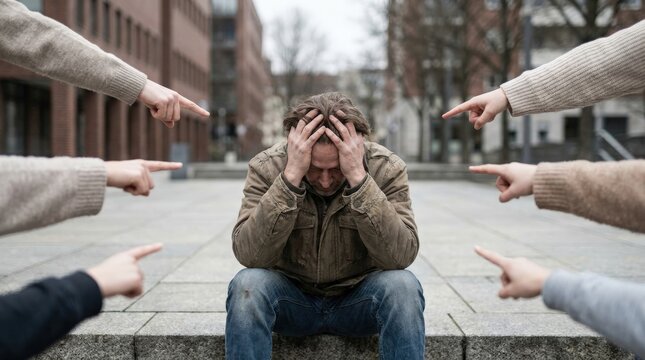 Stressed man sitting outdoors surrounded by accusatory pointing fingers