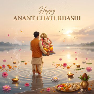 Devotee immersing sacred deity statue into calm river waters during traditional sunset religious festival celebration with depicts man standing serene river sunset